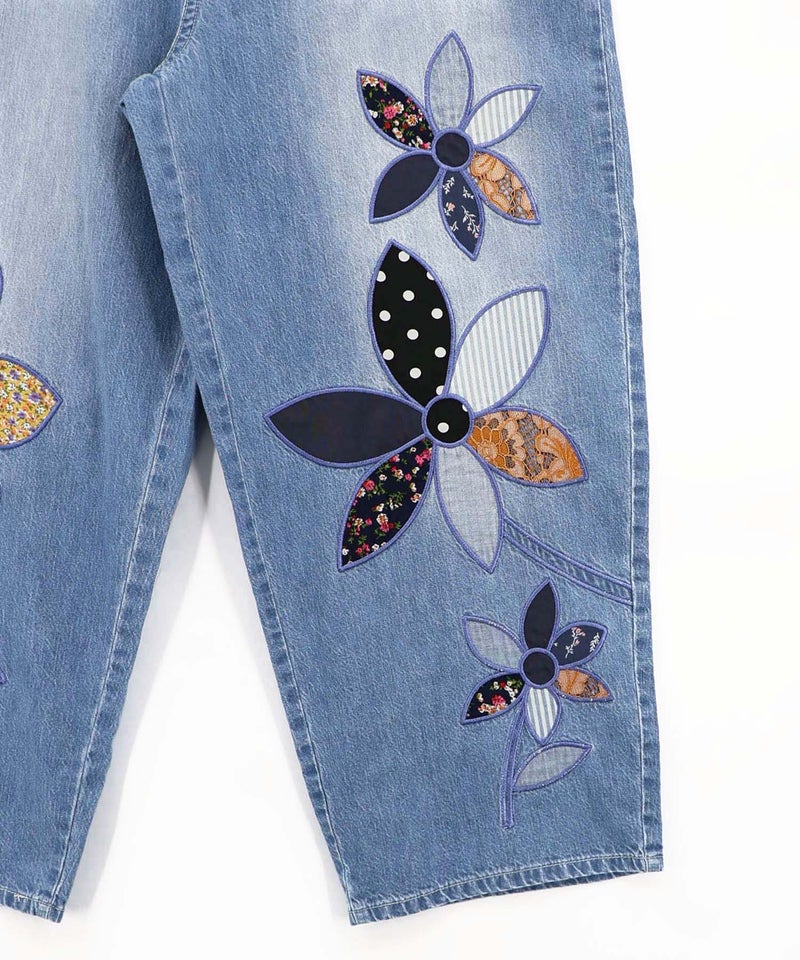 パッチワークお花アップリケデニムパンツ-23