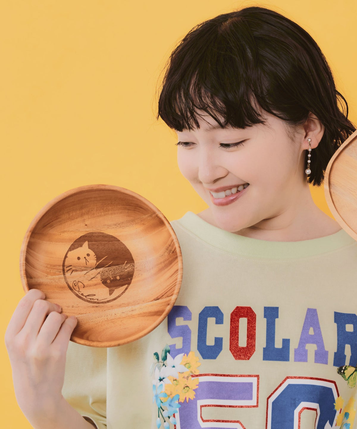 木製ラウンドディッシュ Sサイズ ネコ柄-1