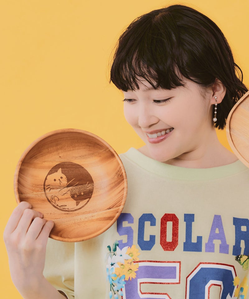 木製ラウンドディッシュ Sサイズ ネコ柄-1