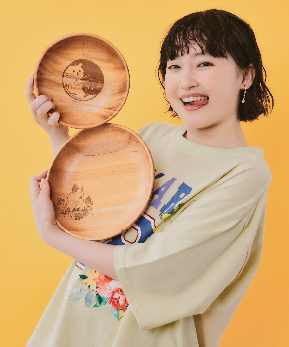 木製ラウンドディッシュ Sサイズ ネコ柄-3