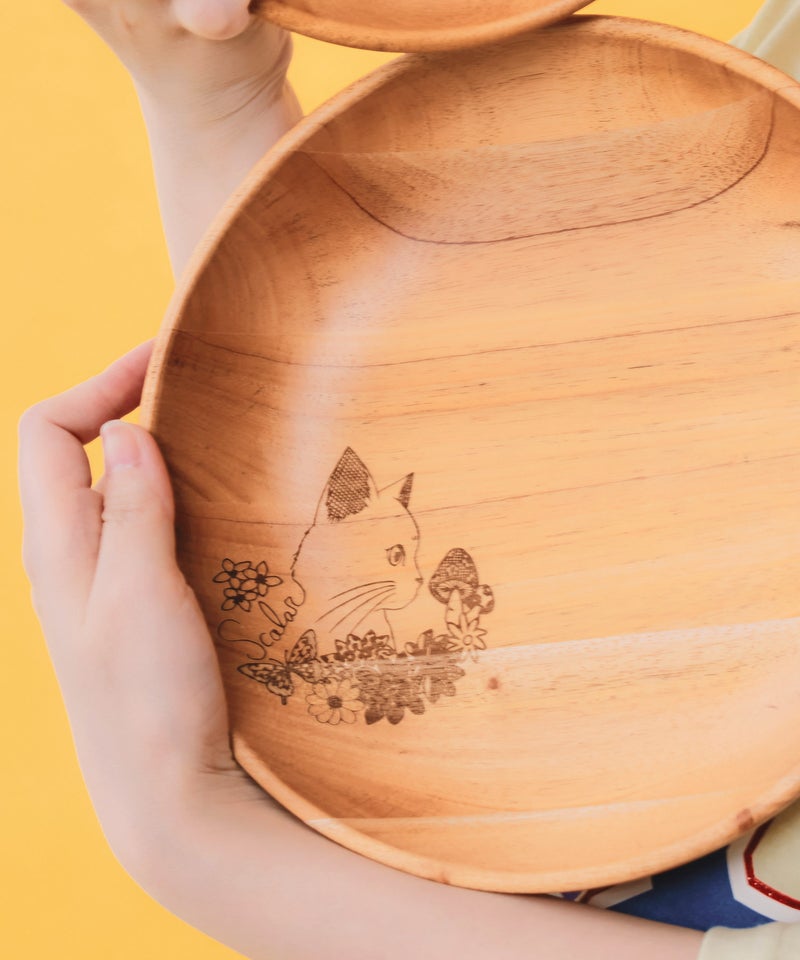 木製ラウンドディッシュ Lサイズ 花ネコ柄-2