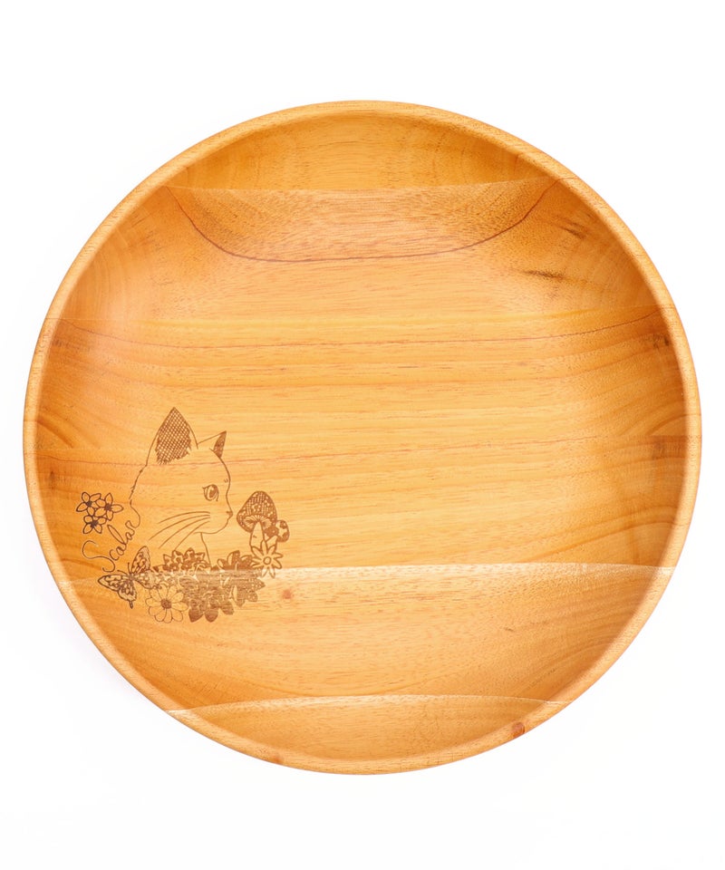 木製ラウンドディッシュ Lサイズ 花ネコ柄-3