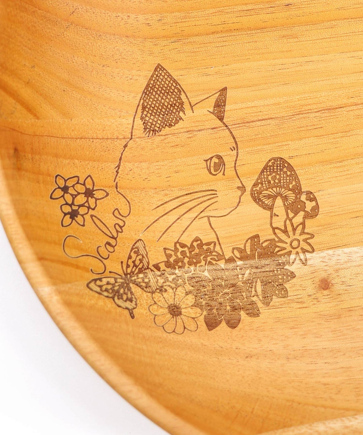 木製ラウンドディッシュ Lサイズ 花ネコ柄-4
