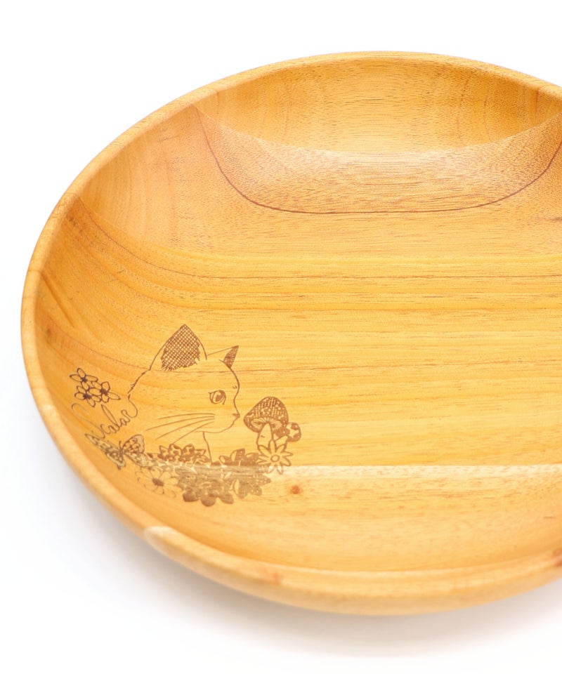 木製ラウンドディッシュ Lサイズ 花ネコ柄-6