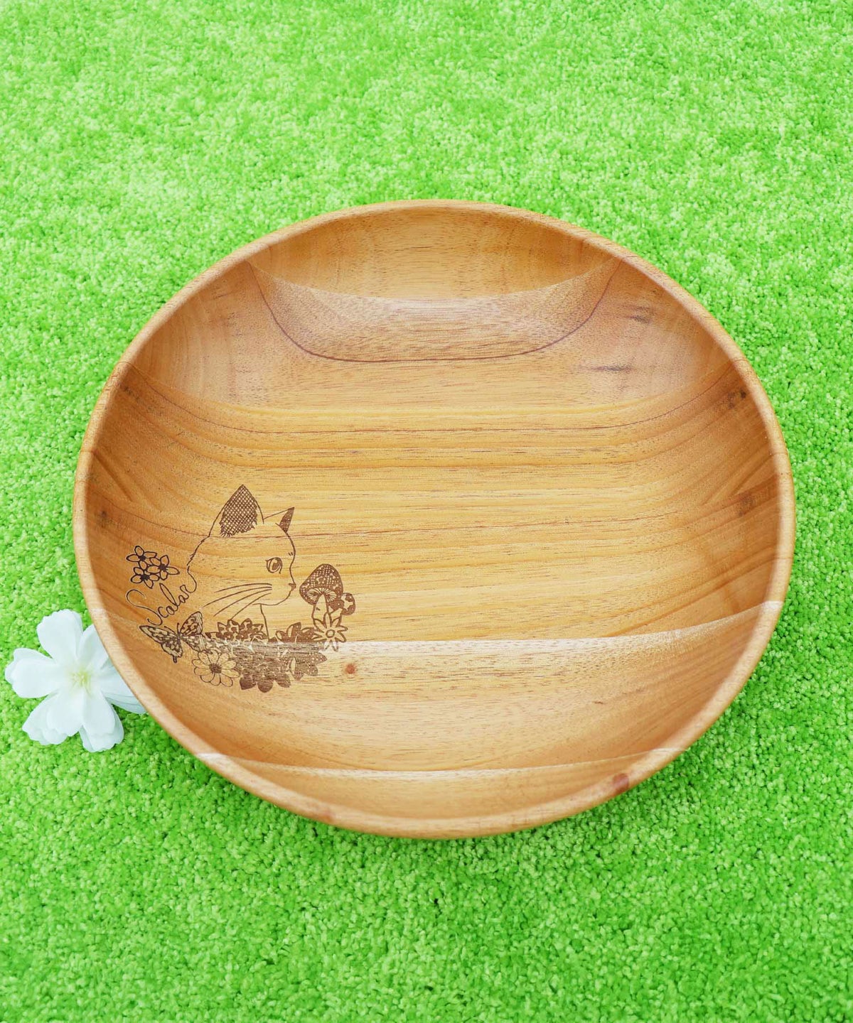 木製ラウンドディッシュ Lサイズ 花ネコ柄-8