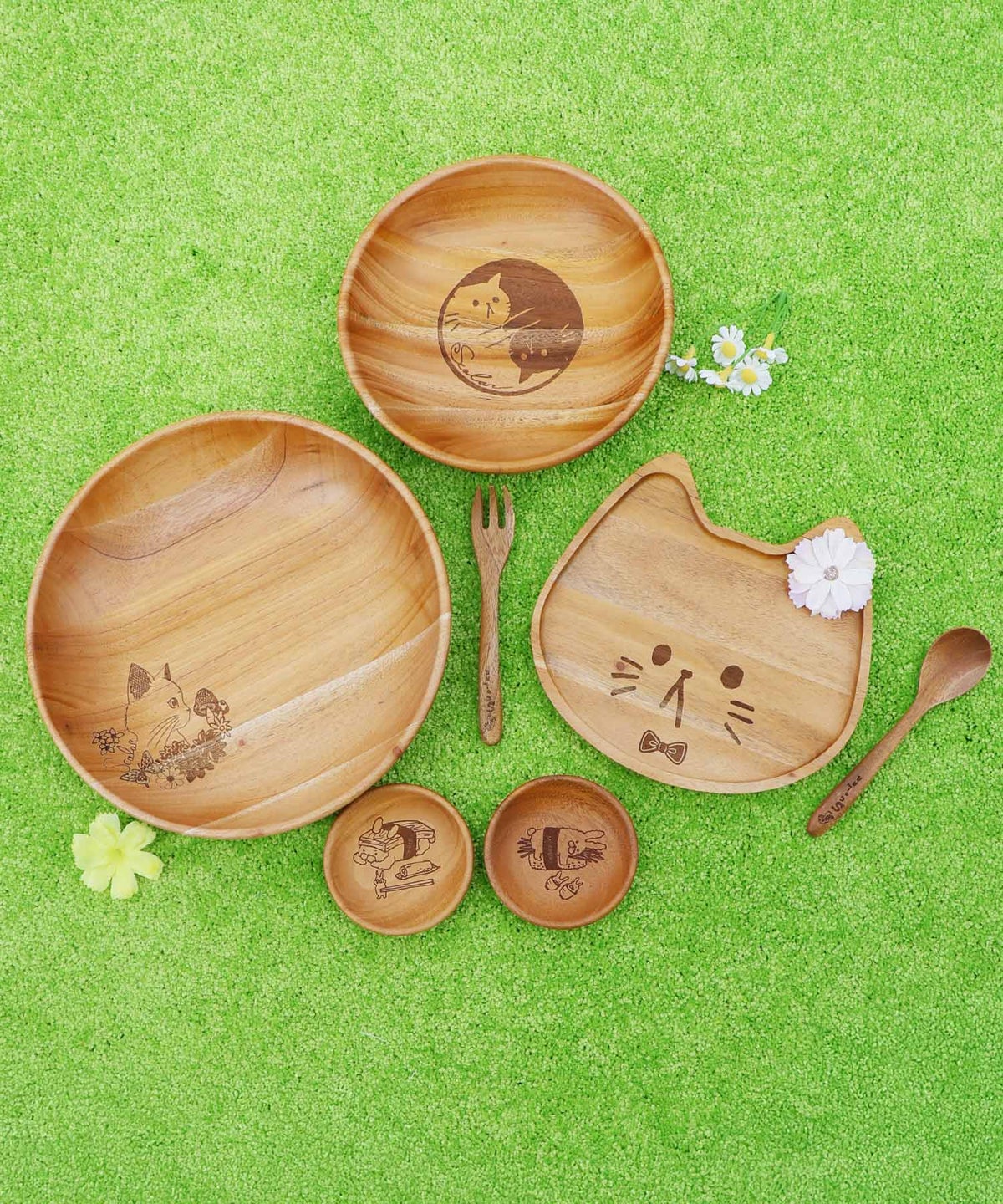 木製ラウンドディッシュ Lサイズ 花ネコ柄-9