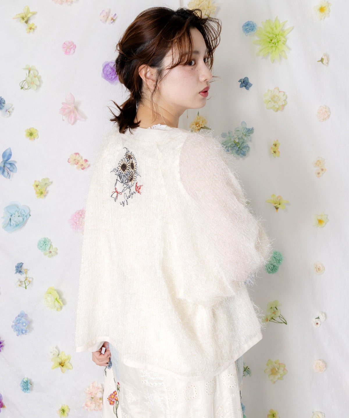 ひまわり刺繍 フェザーラメシフォンカーディガン-1