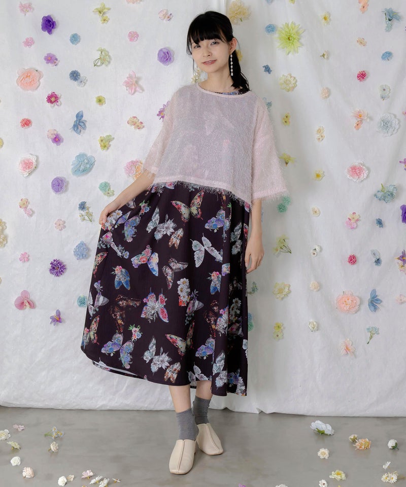 フェザーラメシフォンプルオーバー付き 蝶柄ワンピース-1