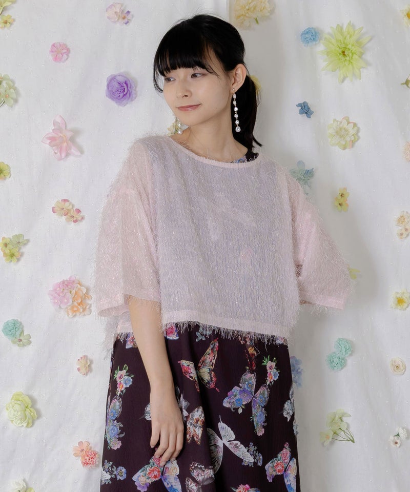 フェザーラメシフォンプルオーバー付き 蝶柄ワンピース-2