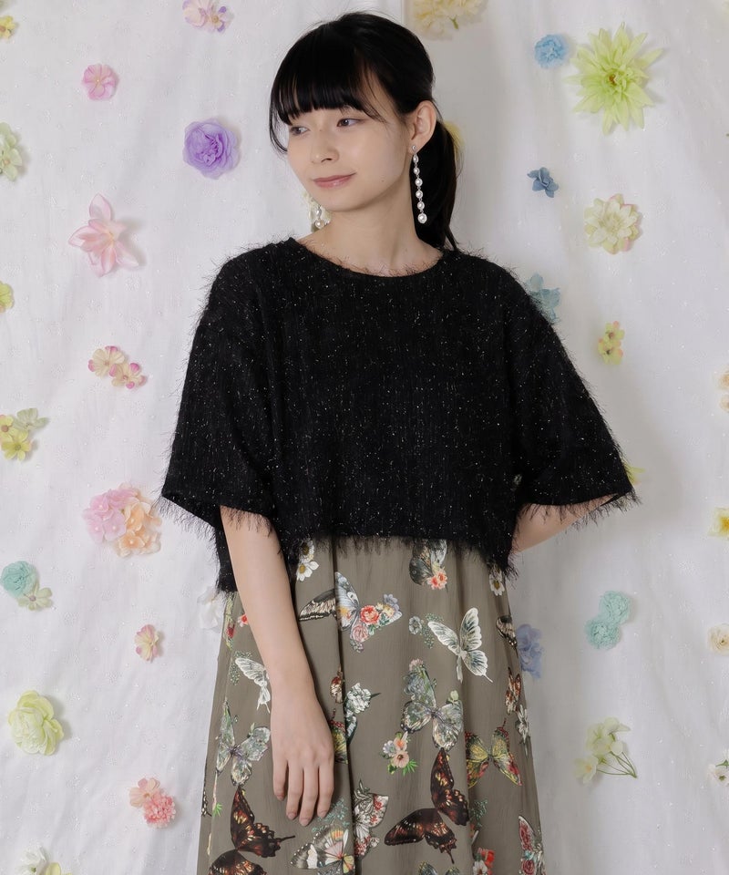 フェザーラメシフォンプルオーバー付き 蝶柄ワンピース-2