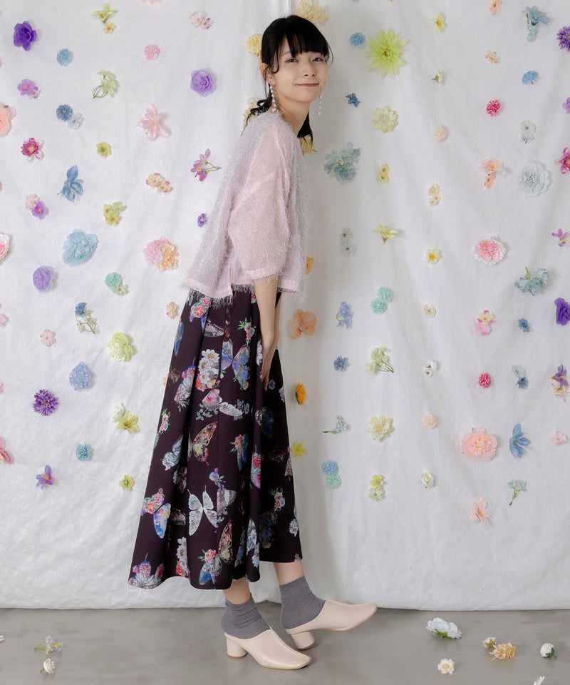 フェザーラメシフォンプルオーバー付き 蝶柄ワンピース-3