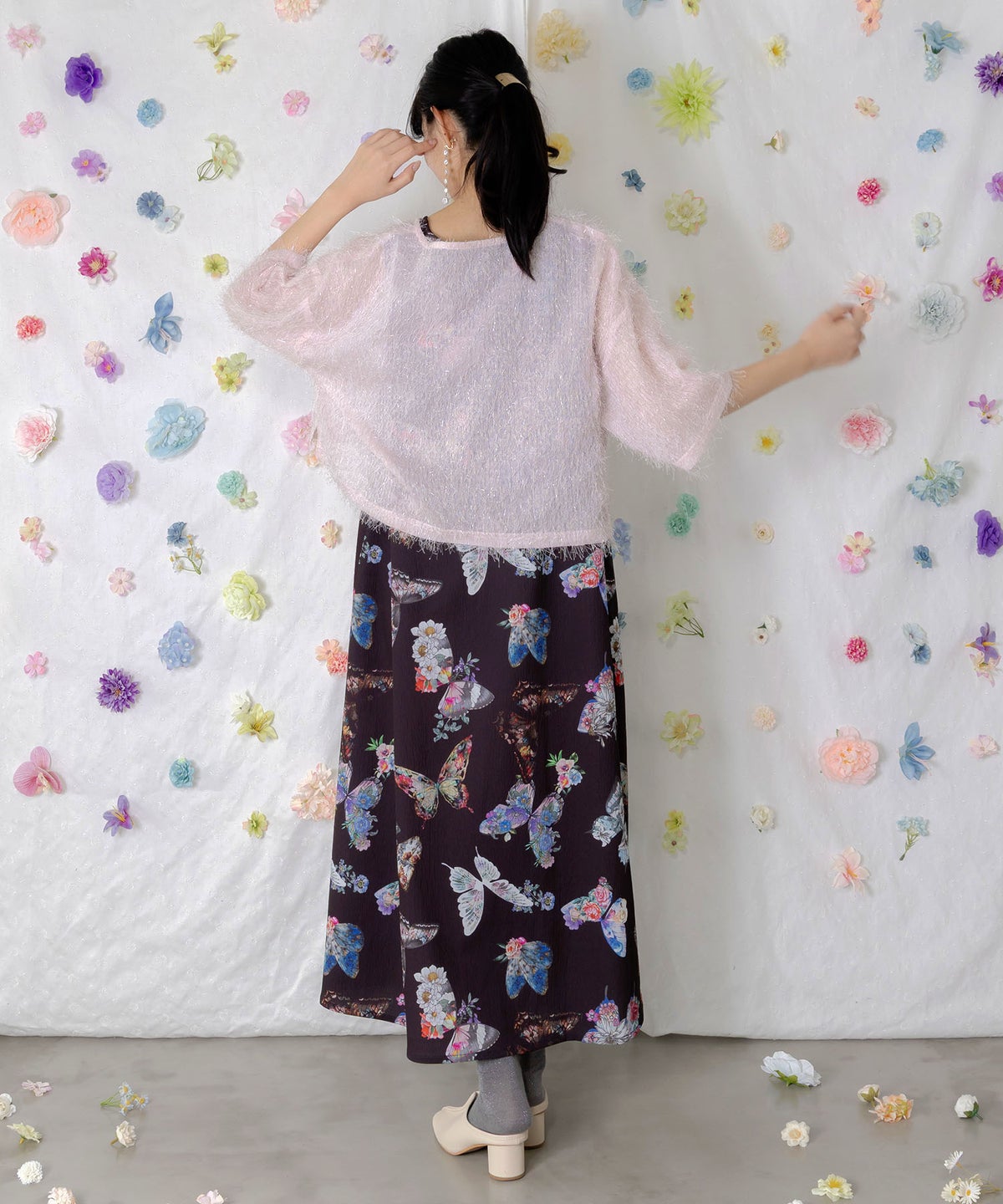 フェザーラメシフォンプルオーバー付き 蝶柄ワンピース-4