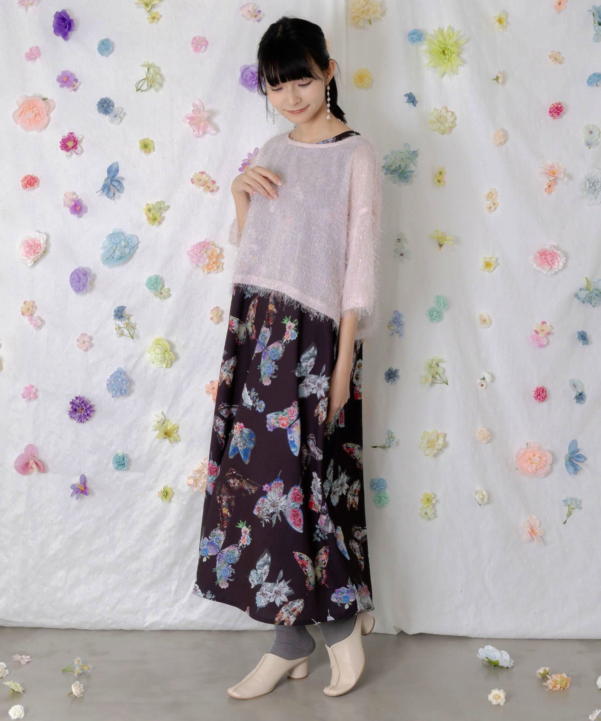 フェザーラメシフォンプルオーバー付き 蝶柄ワンピース-5