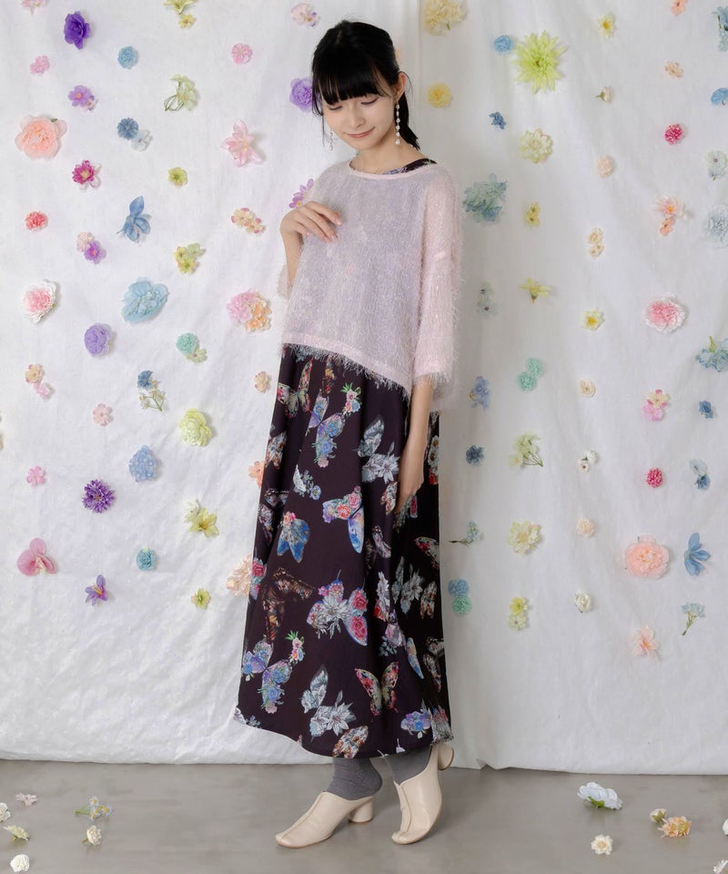 フェザーラメシフォンプルオーバー付き 蝶柄ワンピース-5