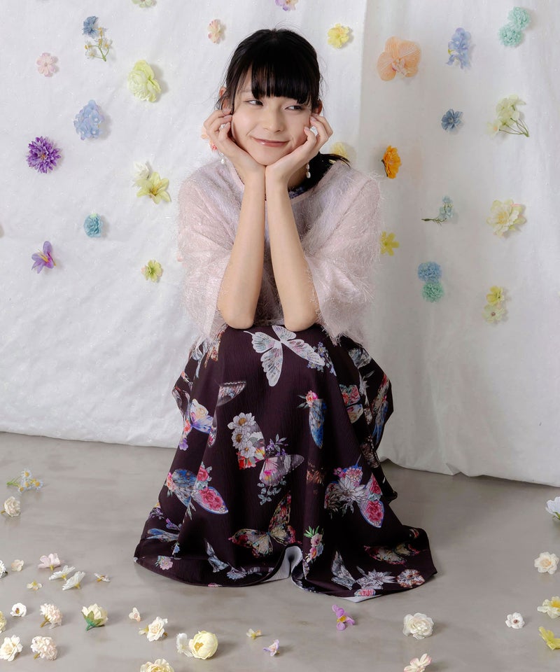 フェザーラメシフォンプルオーバー付き 蝶柄ワンピース-6