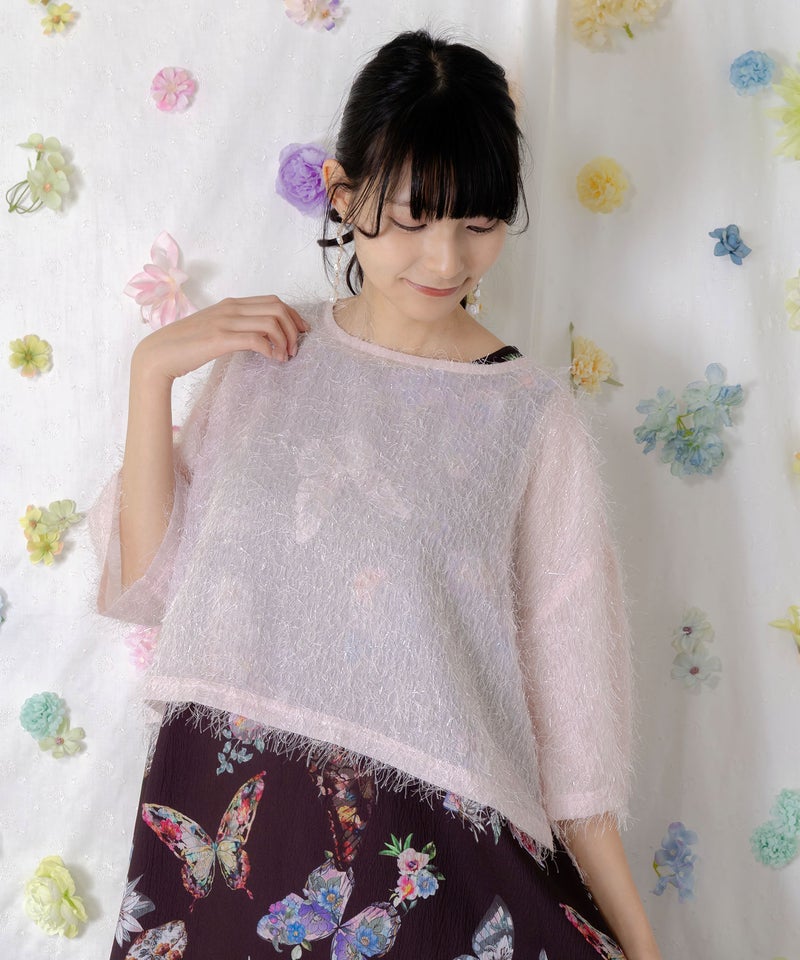 フェザーラメシフォンプルオーバー付き 蝶柄ワンピース-7