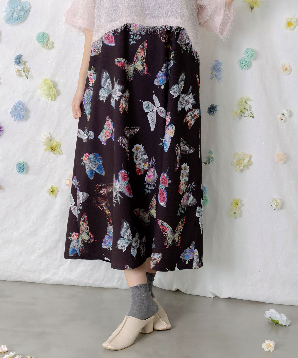 フェザーラメシフォンプルオーバー付き 蝶柄ワンピース-10