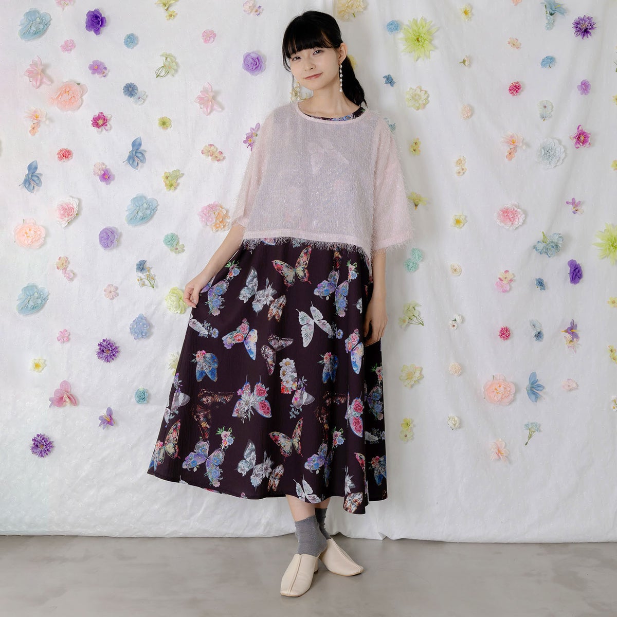 フェザーラメシフォンプルオーバー付き 蝶柄ワンピース-12