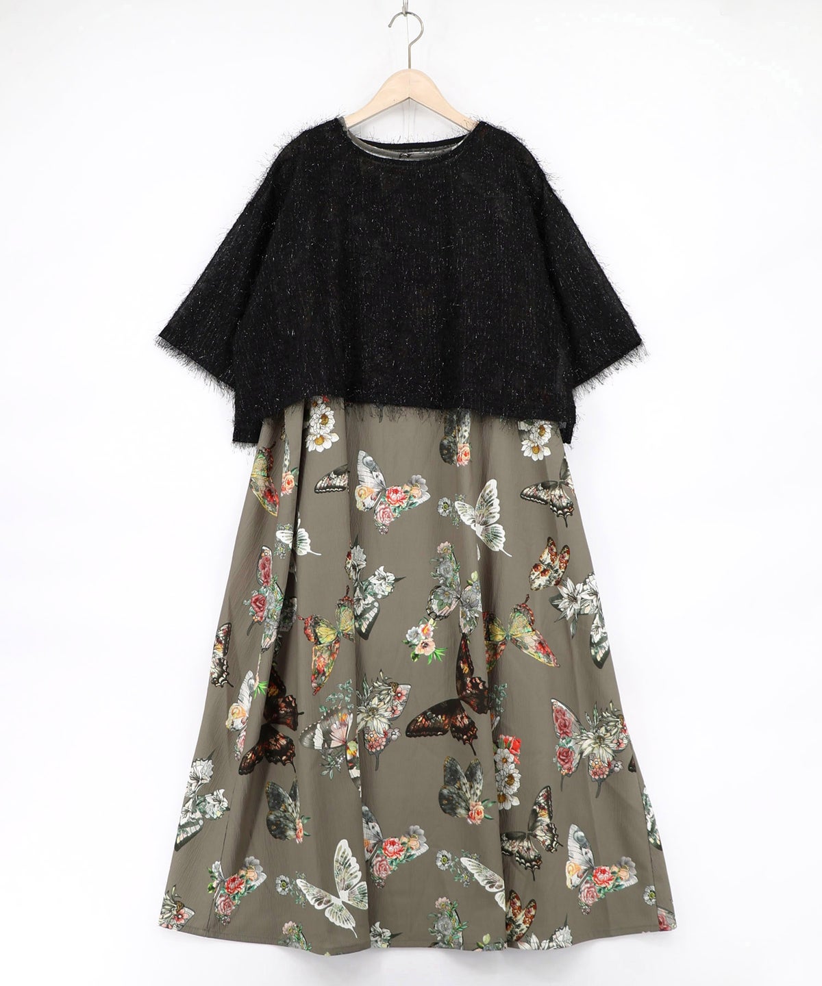 フェザーラメシフォンプルオーバー付き 蝶柄ワンピース-15