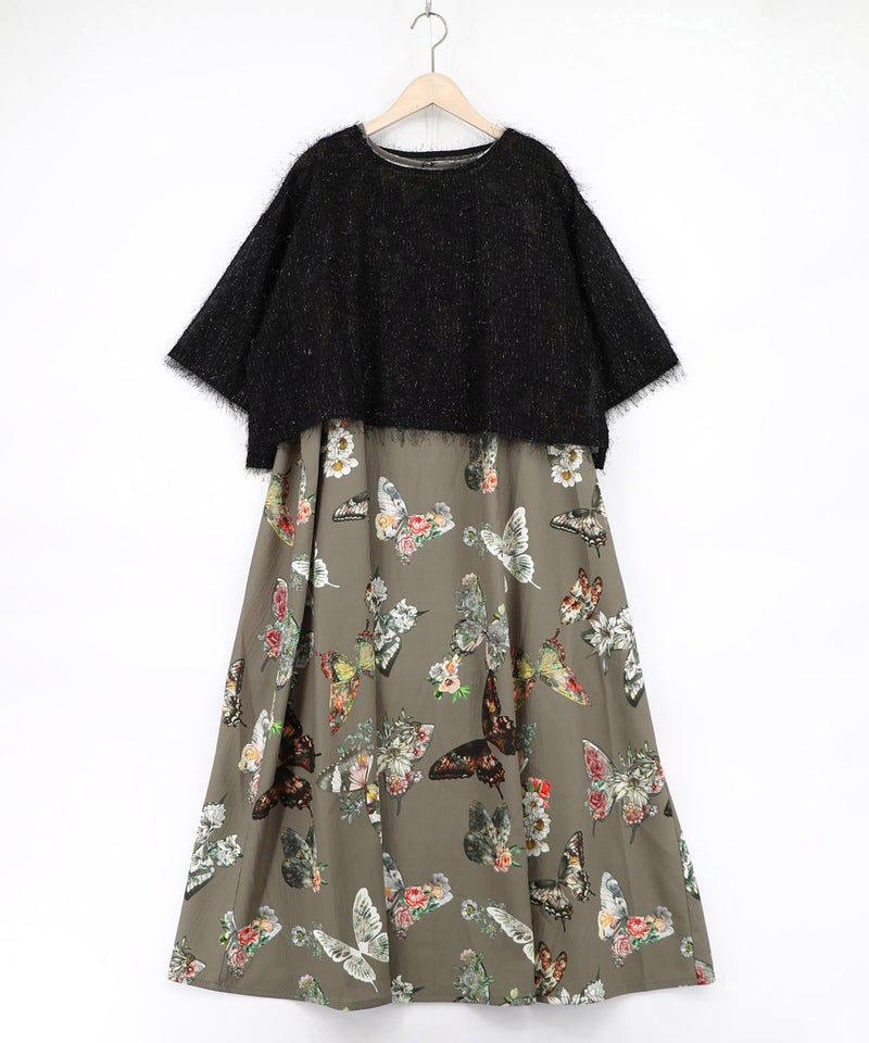 フェザーラメシフォンプルオーバー付き 蝶柄ワンピース-15