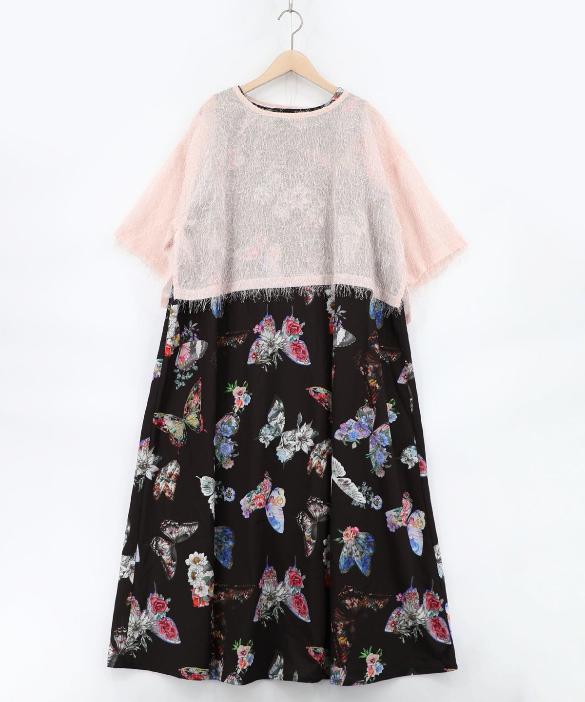 フェザーラメシフォンプルオーバー付き 蝶柄ワンピース-19