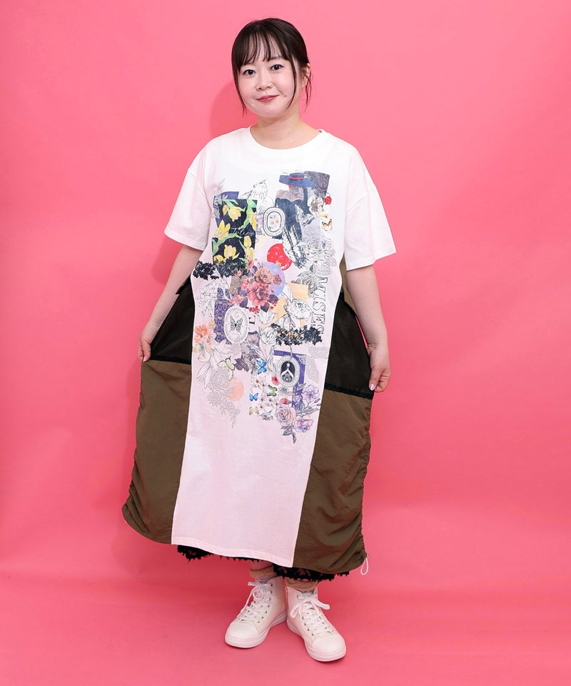 花コラージュ柄 異素材使いワンピース-1