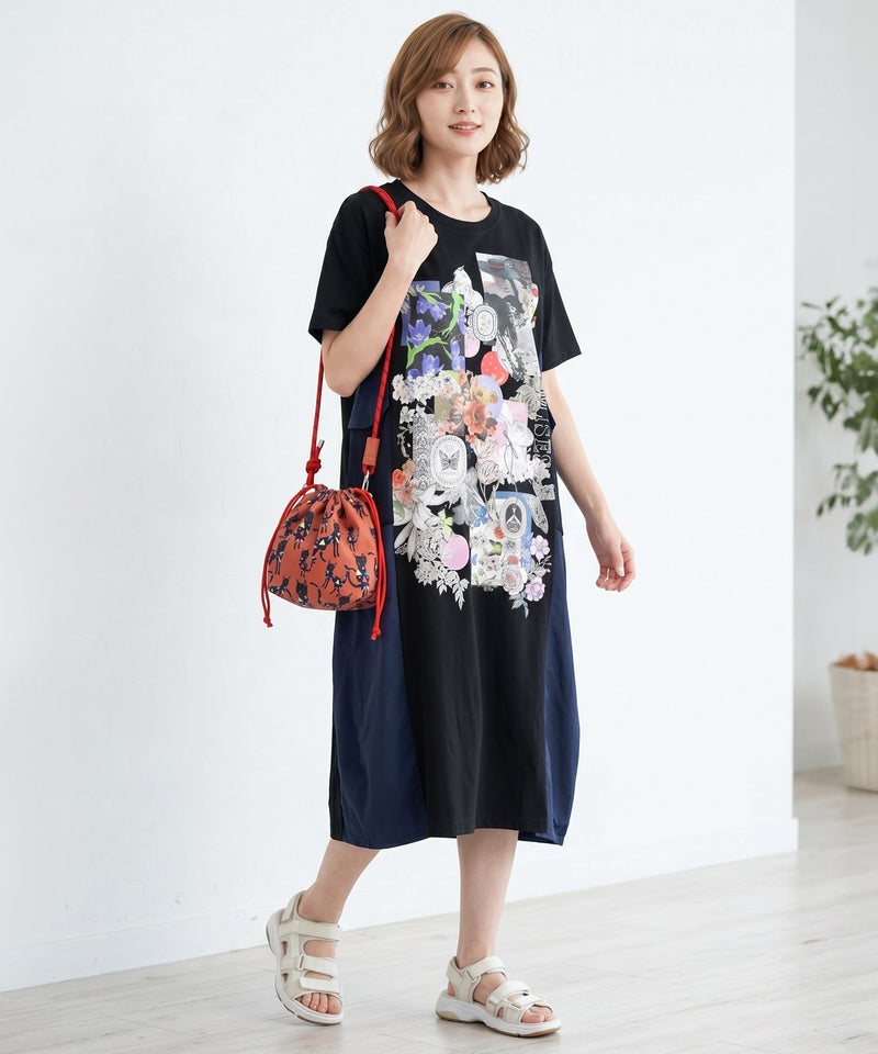 花コラージュ柄 異素材使いワンピース-1