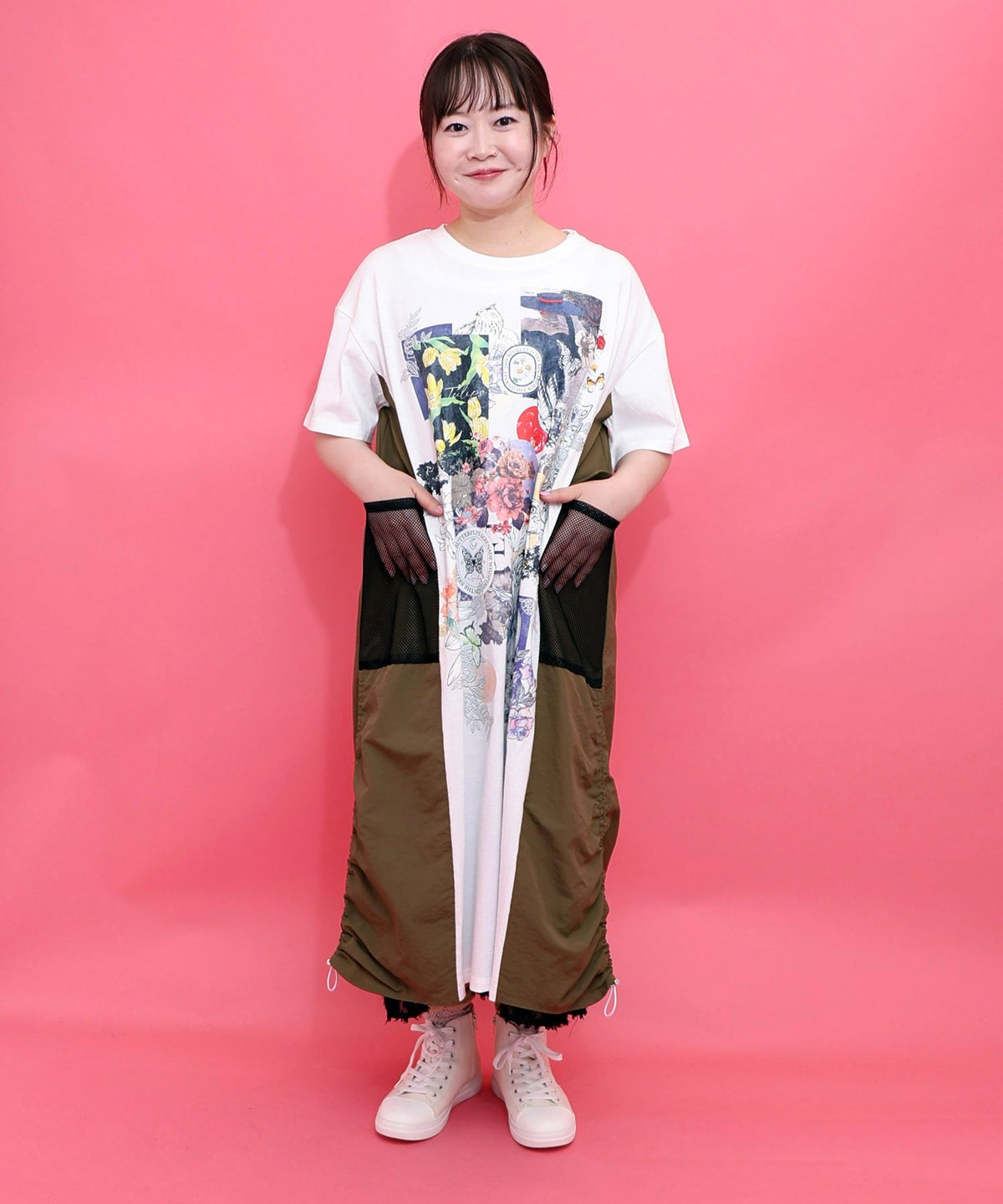 花コラージュ柄 異素材使いワンピース-2