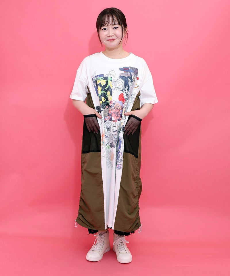 花コラージュ柄 異素材使いワンピース-2