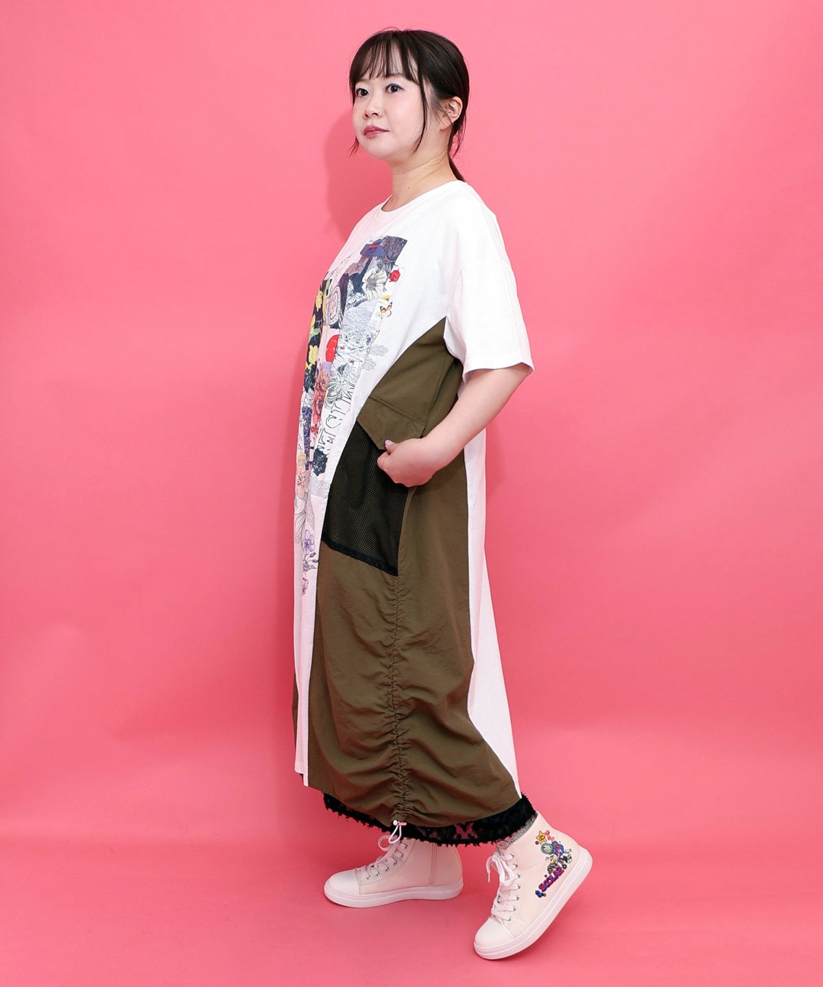 花コラージュ柄 異素材使いワンピース-3