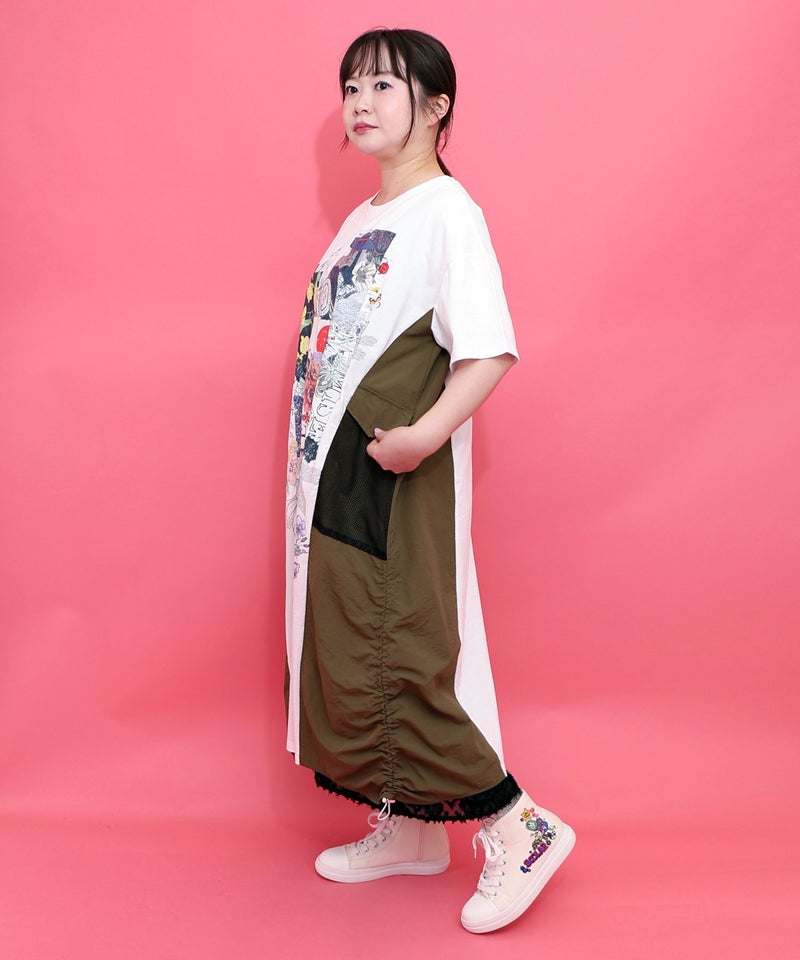 花コラージュ柄 異素材使いワンピース-3