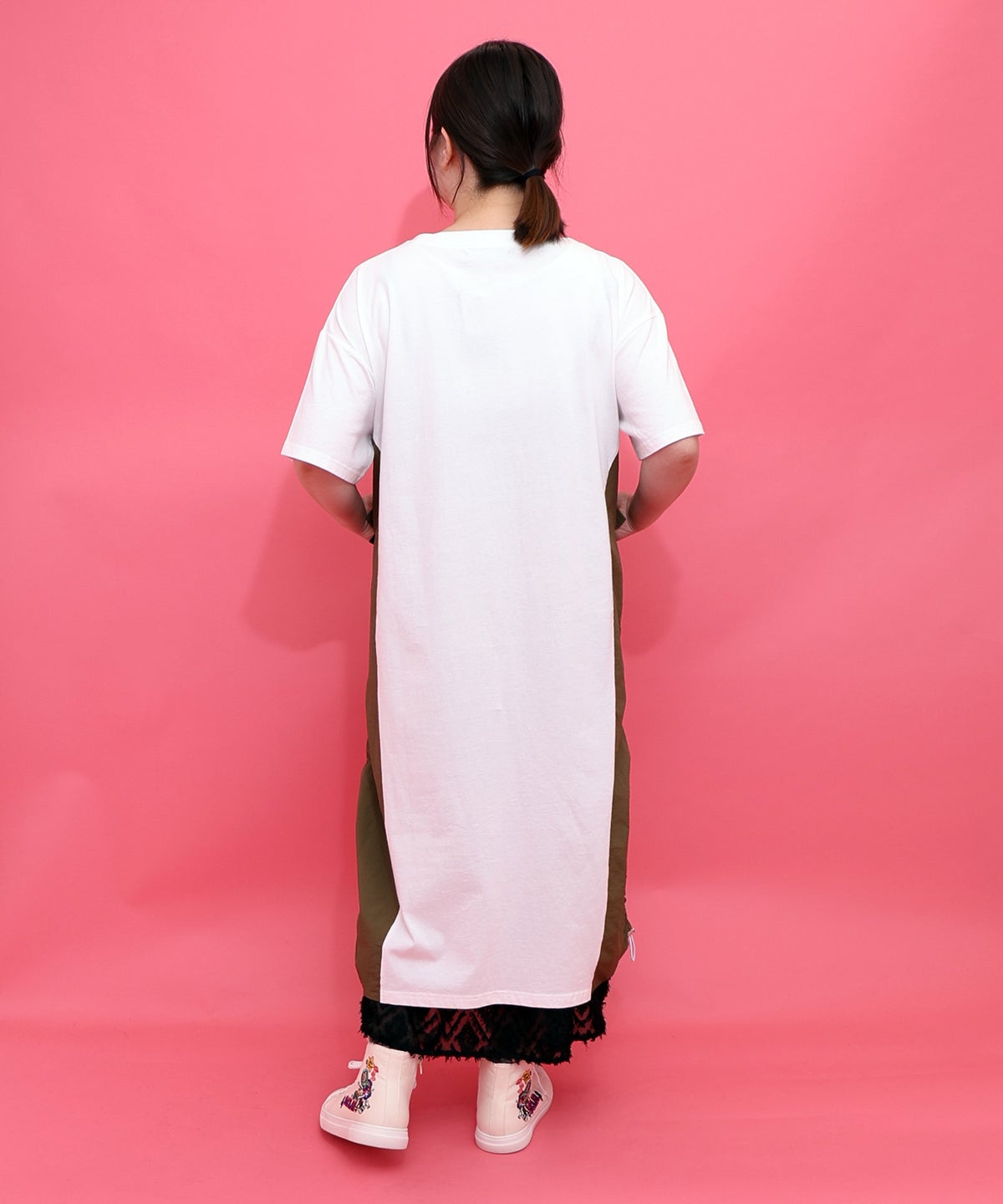 花コラージュ柄 異素材使いワンピース-4