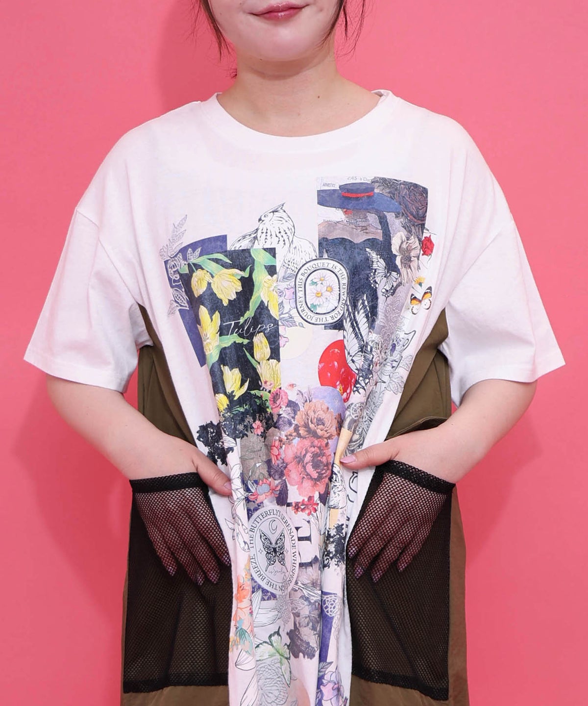 花コラージュ柄 異素材使いワンピース-5