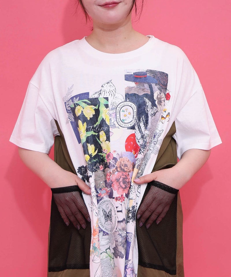 花コラージュ柄 異素材使いワンピース-5