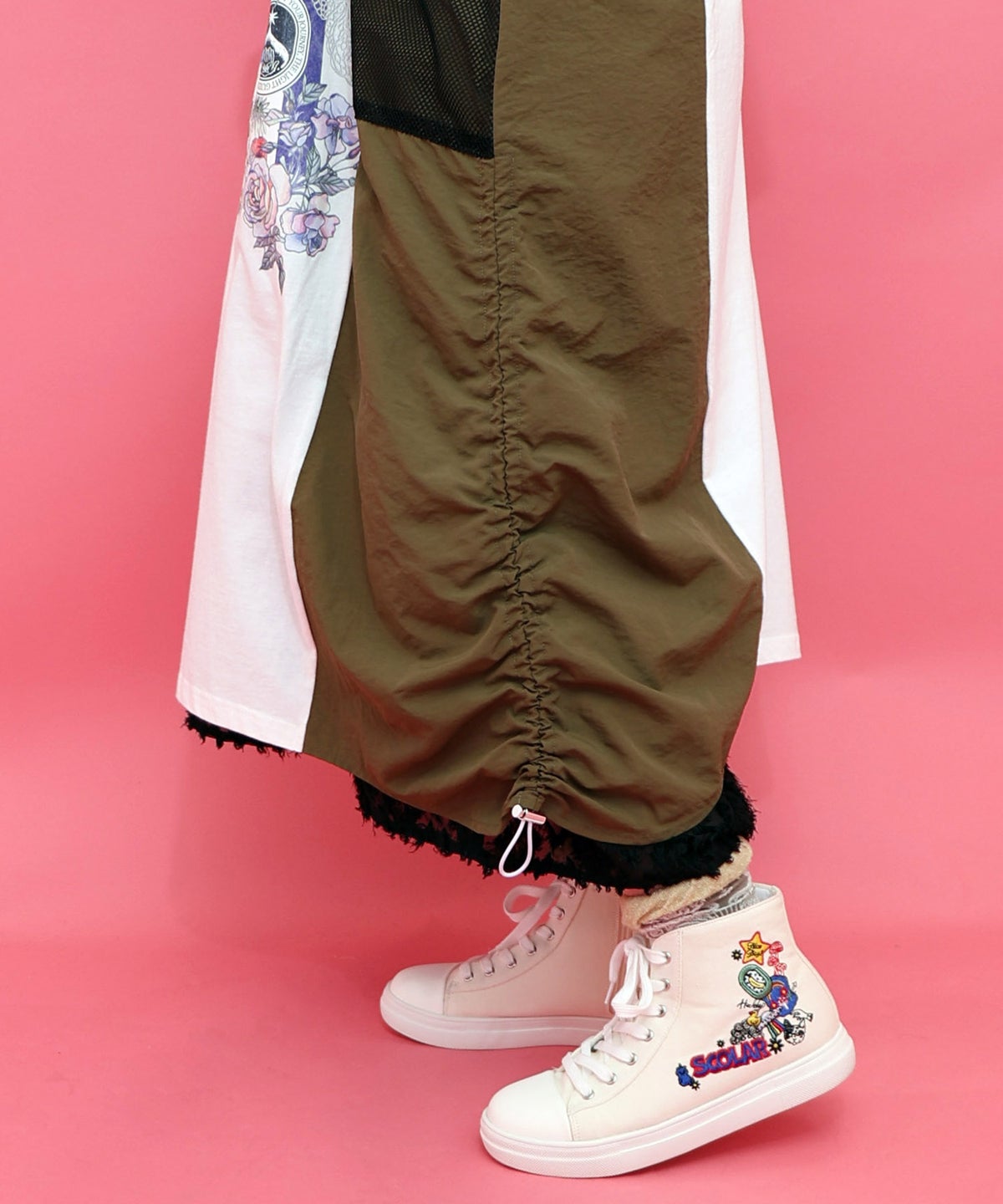 花コラージュ柄 異素材使いワンピース-7