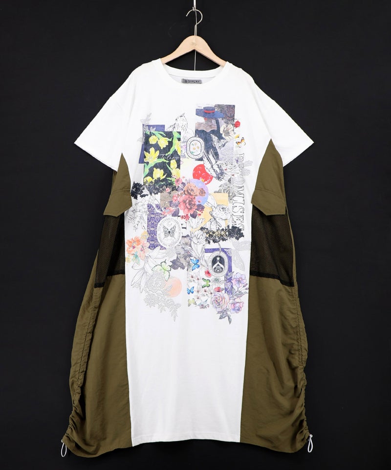 花コラージュ柄 異素材使いワンピース-8