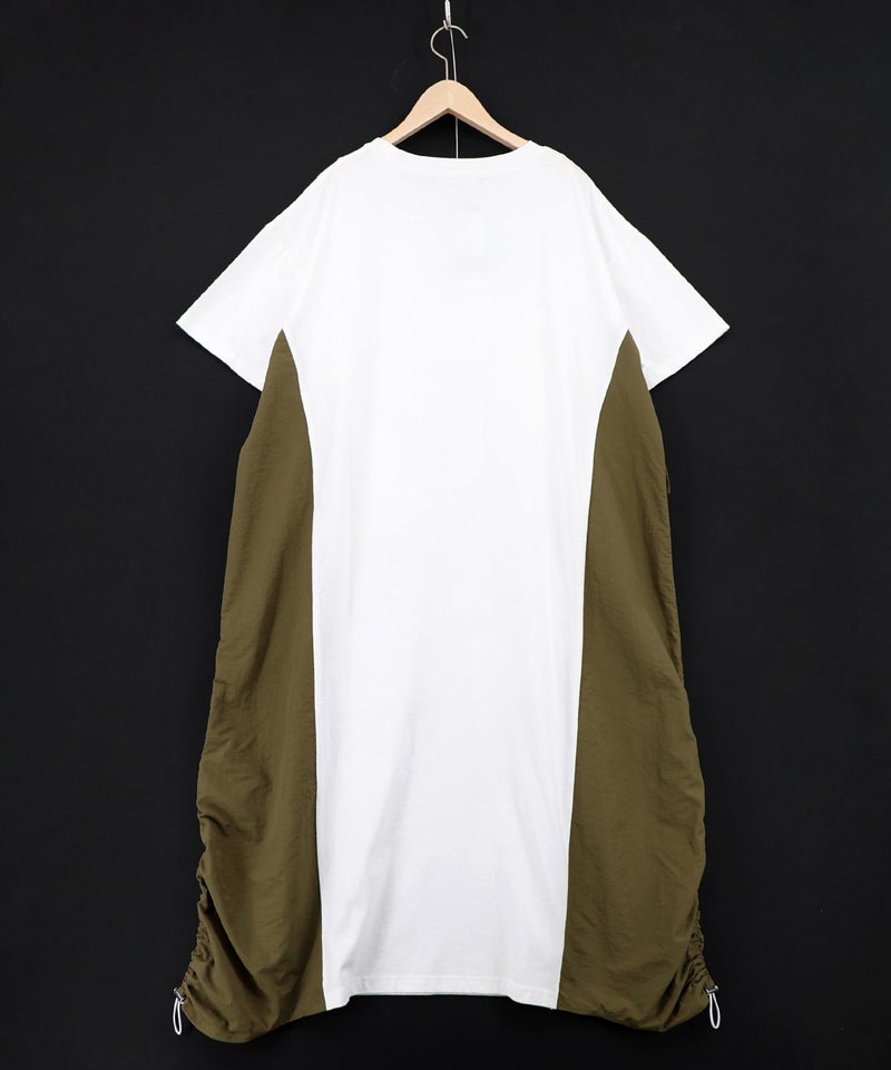 花コラージュ柄 異素材使いワンピース-9