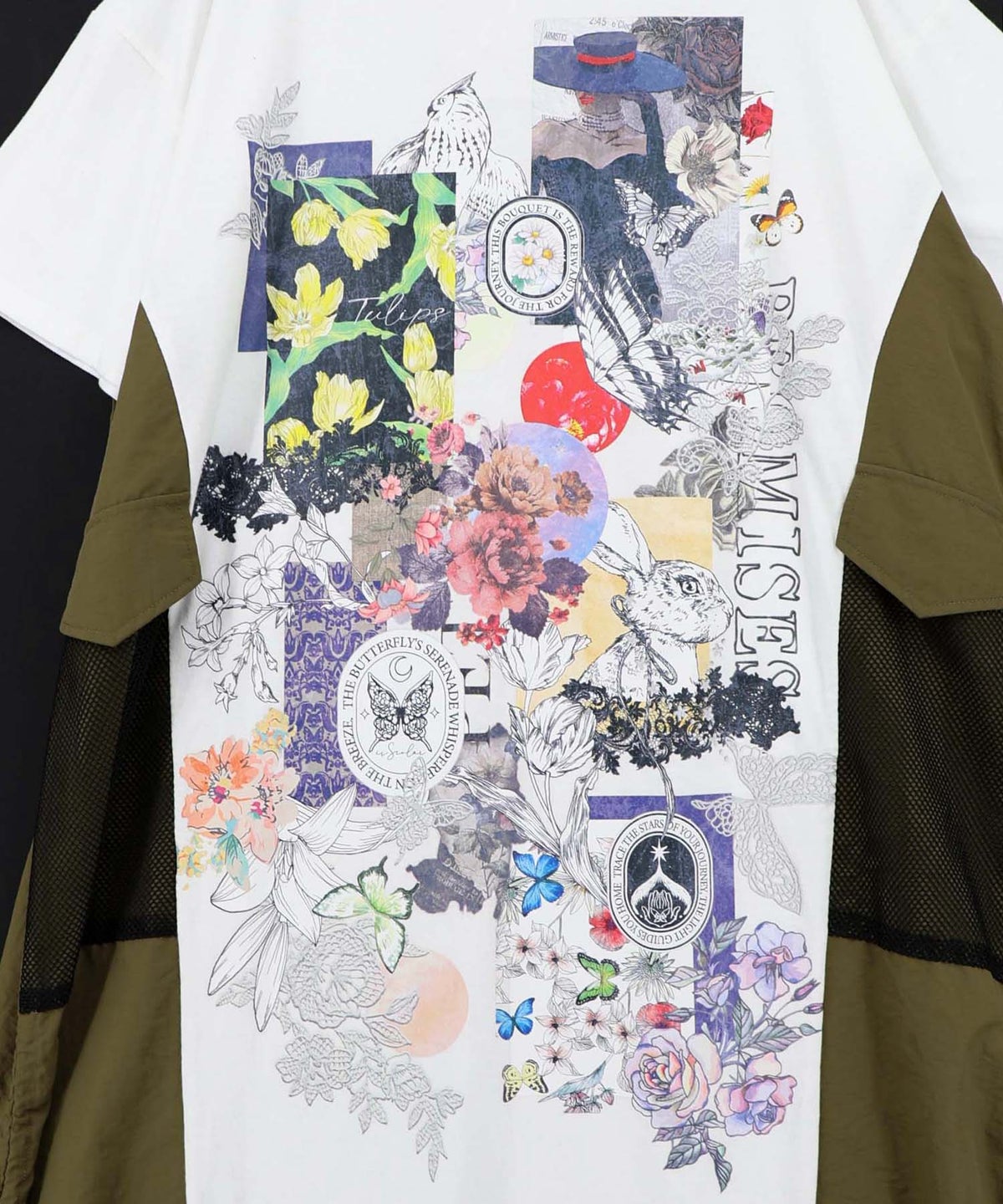 花コラージュ柄 異素材使いワンピース-10