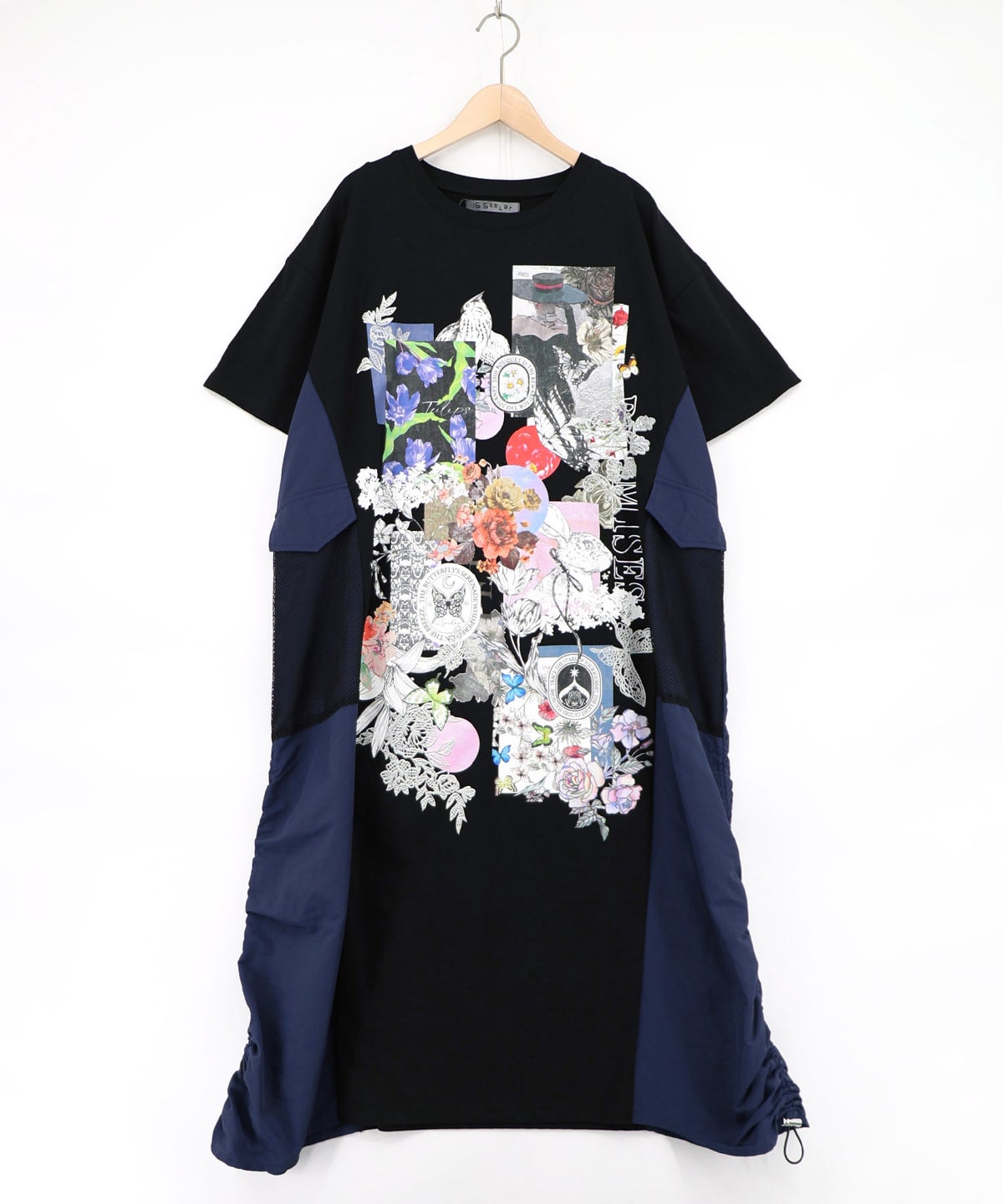 花コラージュ柄 異素材使いワンピース-11