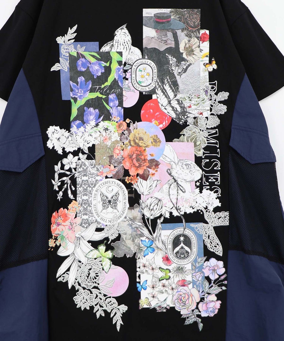 花コラージュ柄 異素材使いワンピース-13