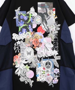 花コラージュ柄 異素材使いワンピース-13