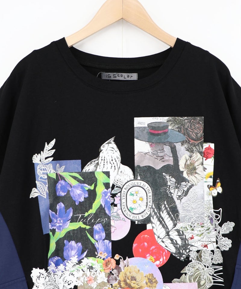 花コラージュ柄 異素材使いワンピース-14