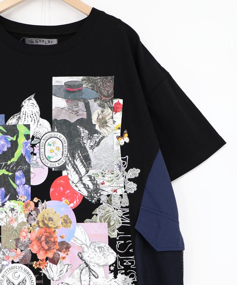 花コラージュ柄 異素材使いワンピース-15