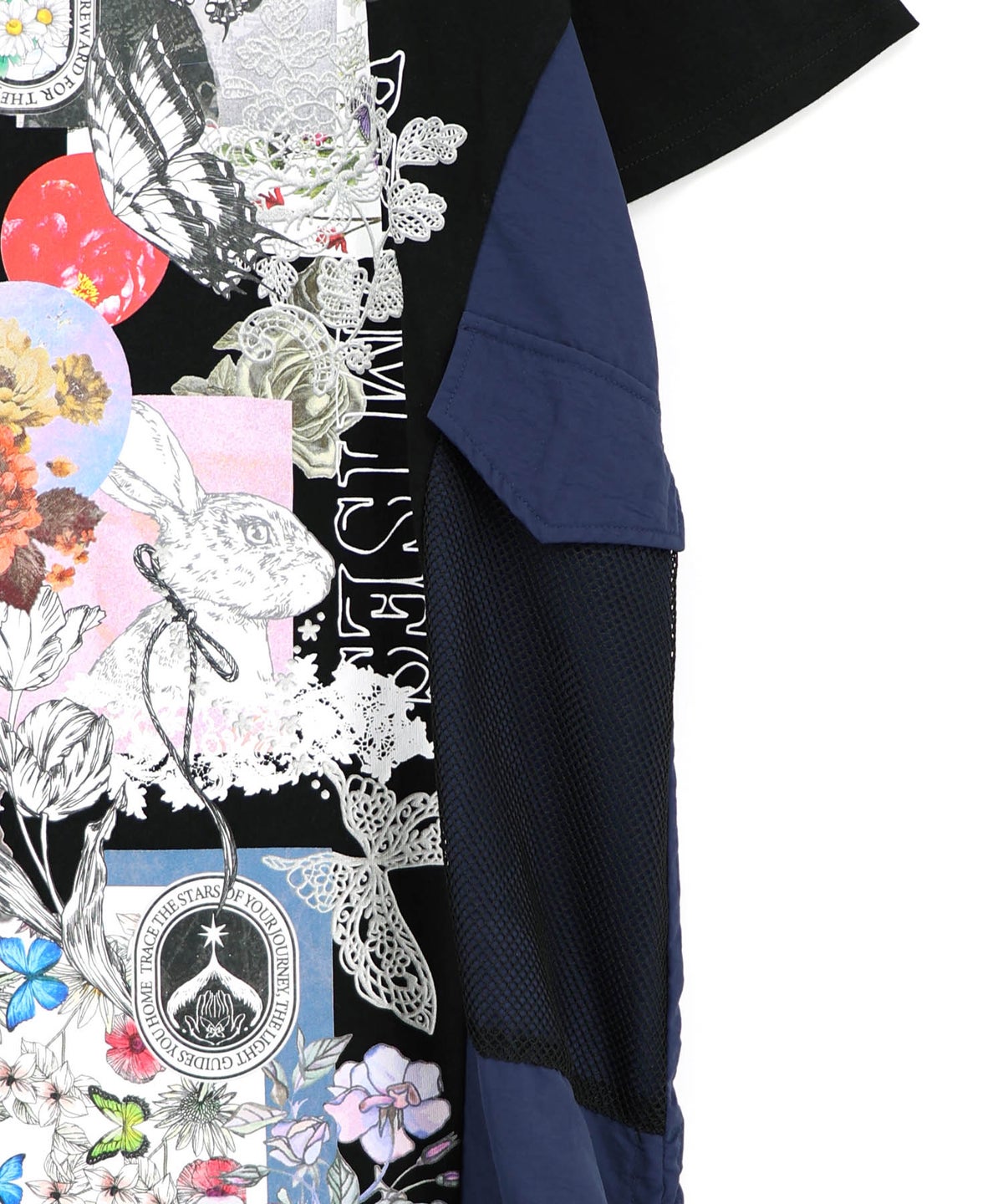 花コラージュ柄 異素材使いワンピース-16