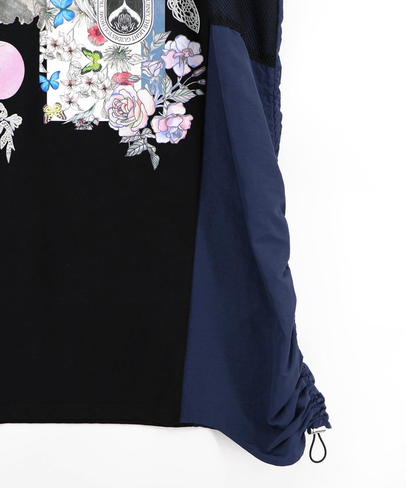 花コラージュ柄 異素材使いワンピース-17