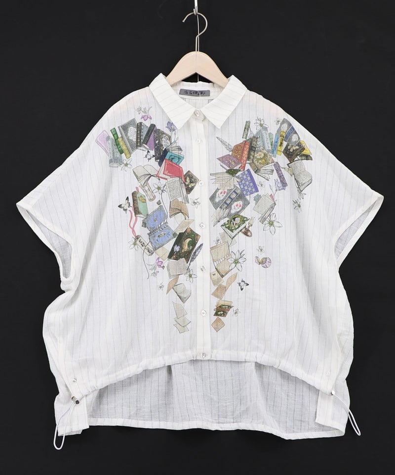 おばあちゃんの思い出本棚柄 ラメストライプシャツ-9