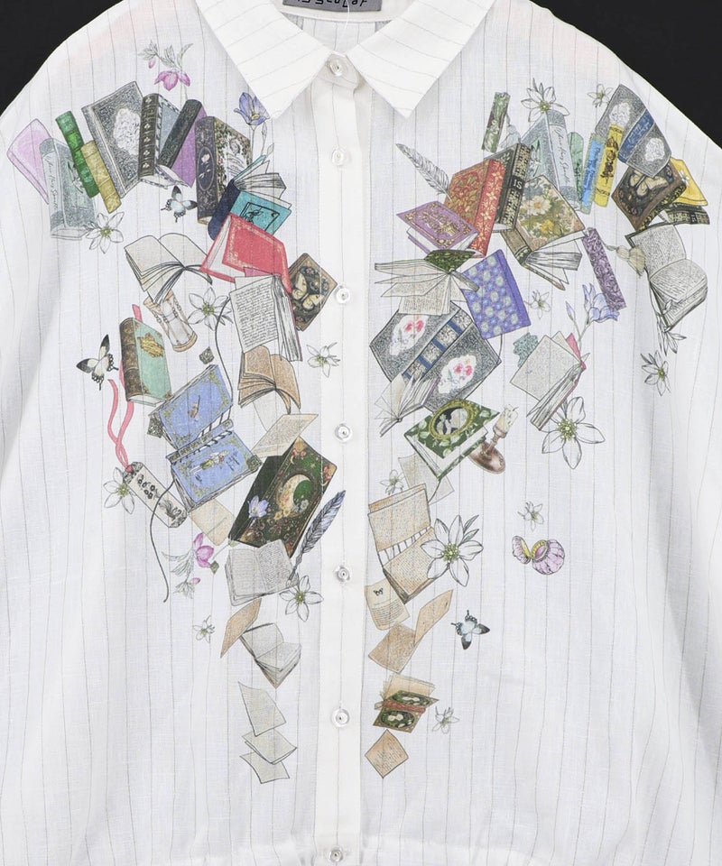 おばあちゃんの思い出本棚柄 ラメストライプシャツ-11