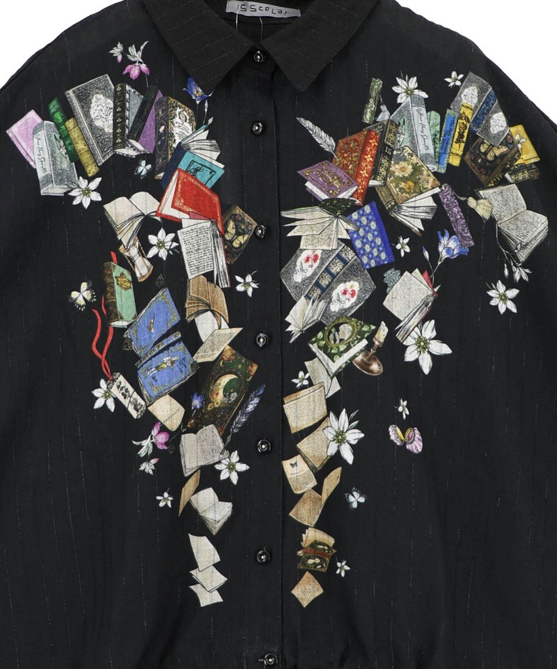 おばあちゃんの思い出本棚柄 ラメストライプシャツ-14