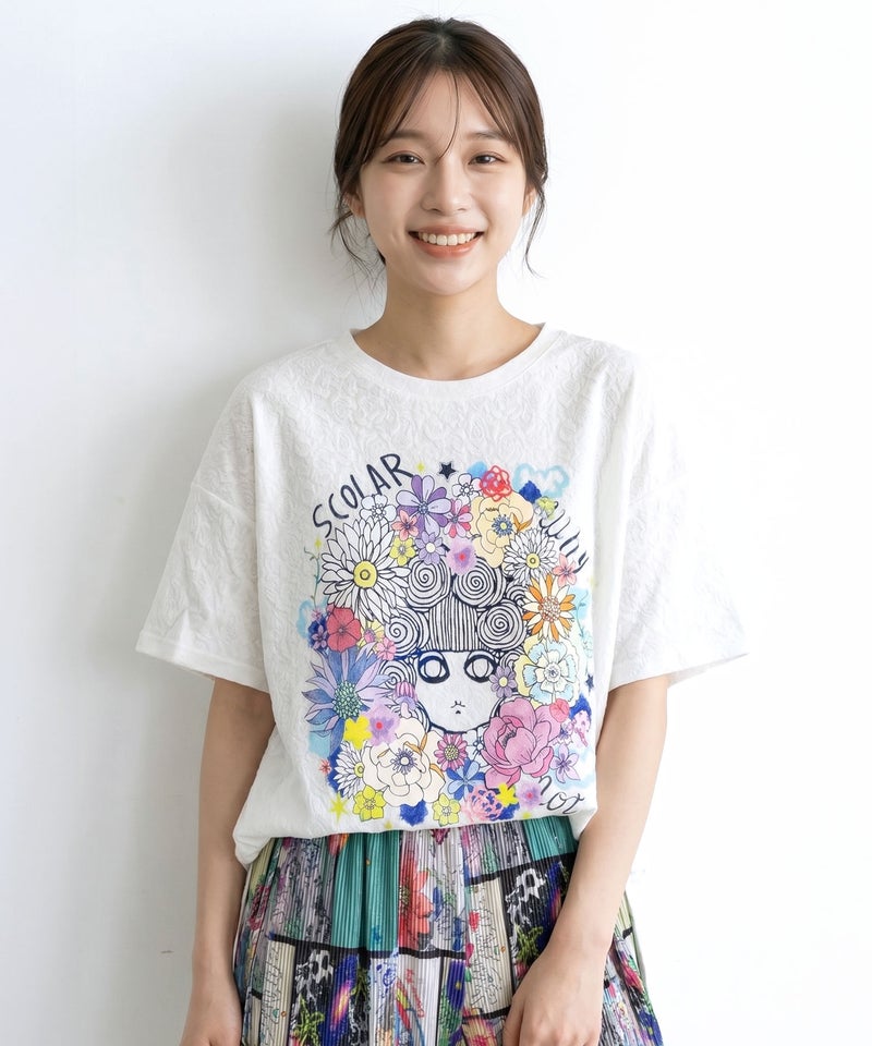 花に埋もれたスカラーちゃん ローズジャガードTシャツ-1