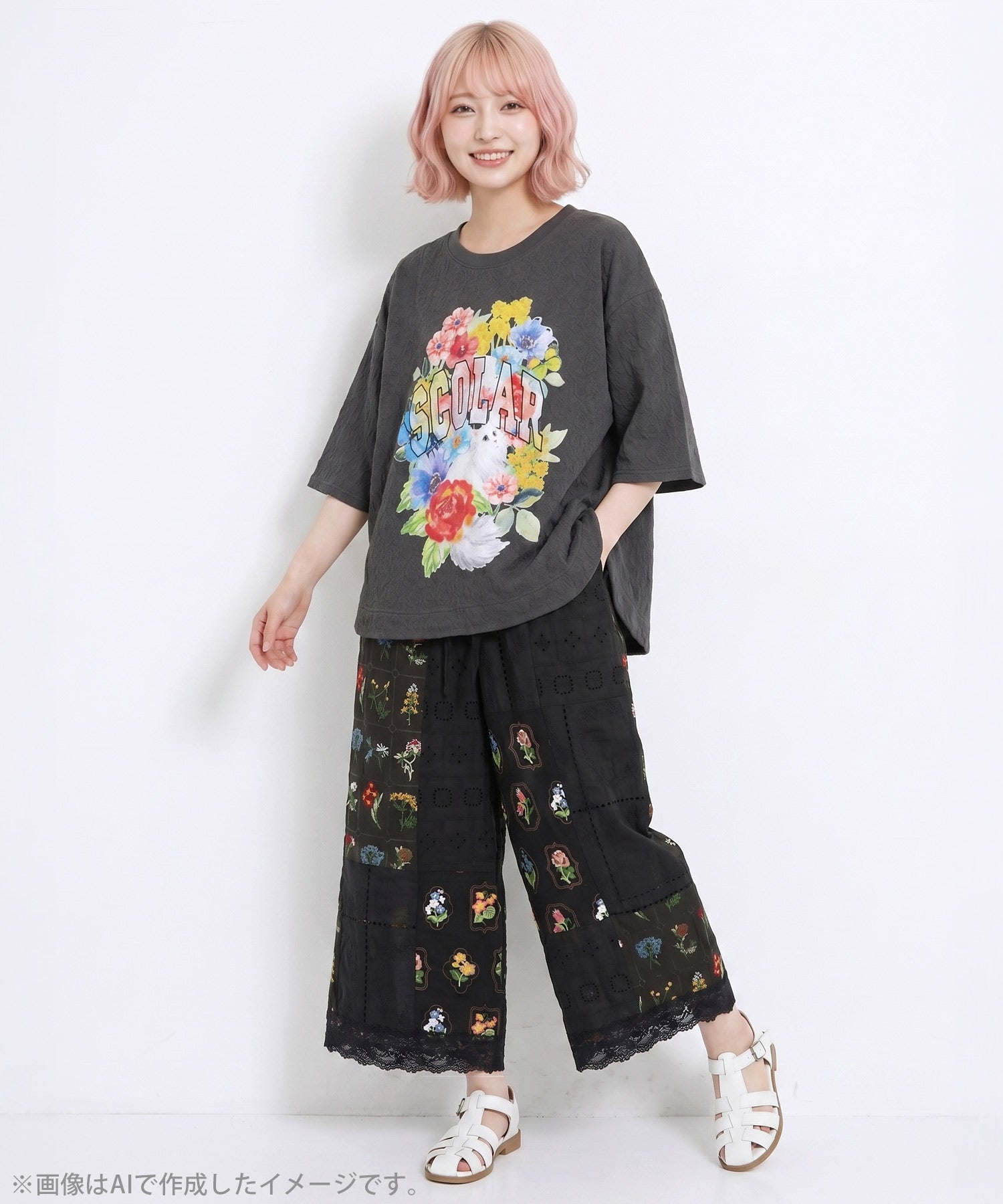 162635：花ネコ発泡プリント ローズジャガードTシャツの通販-ScoLar